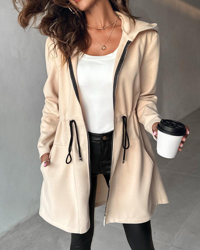 Pocket Zipper Design Drawstring Hooded Coat