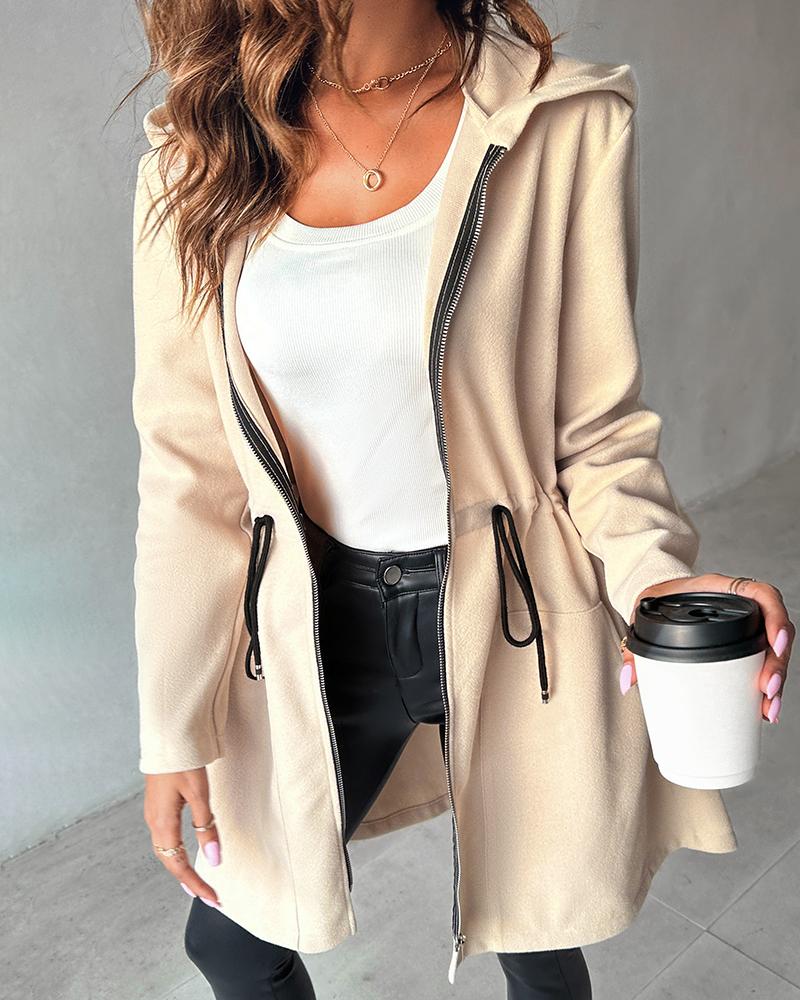 Pocket Zipper Design Drawstring Hooded Coat