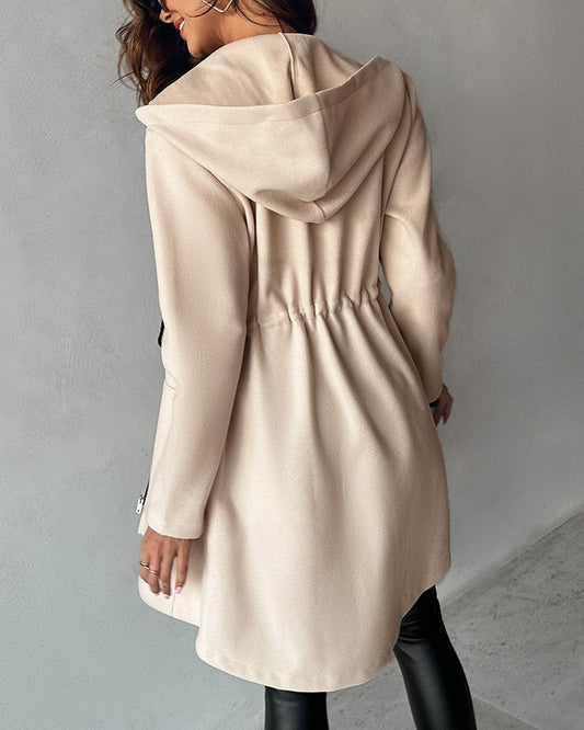 Pocket Zipper Design Drawstring Hooded Coat