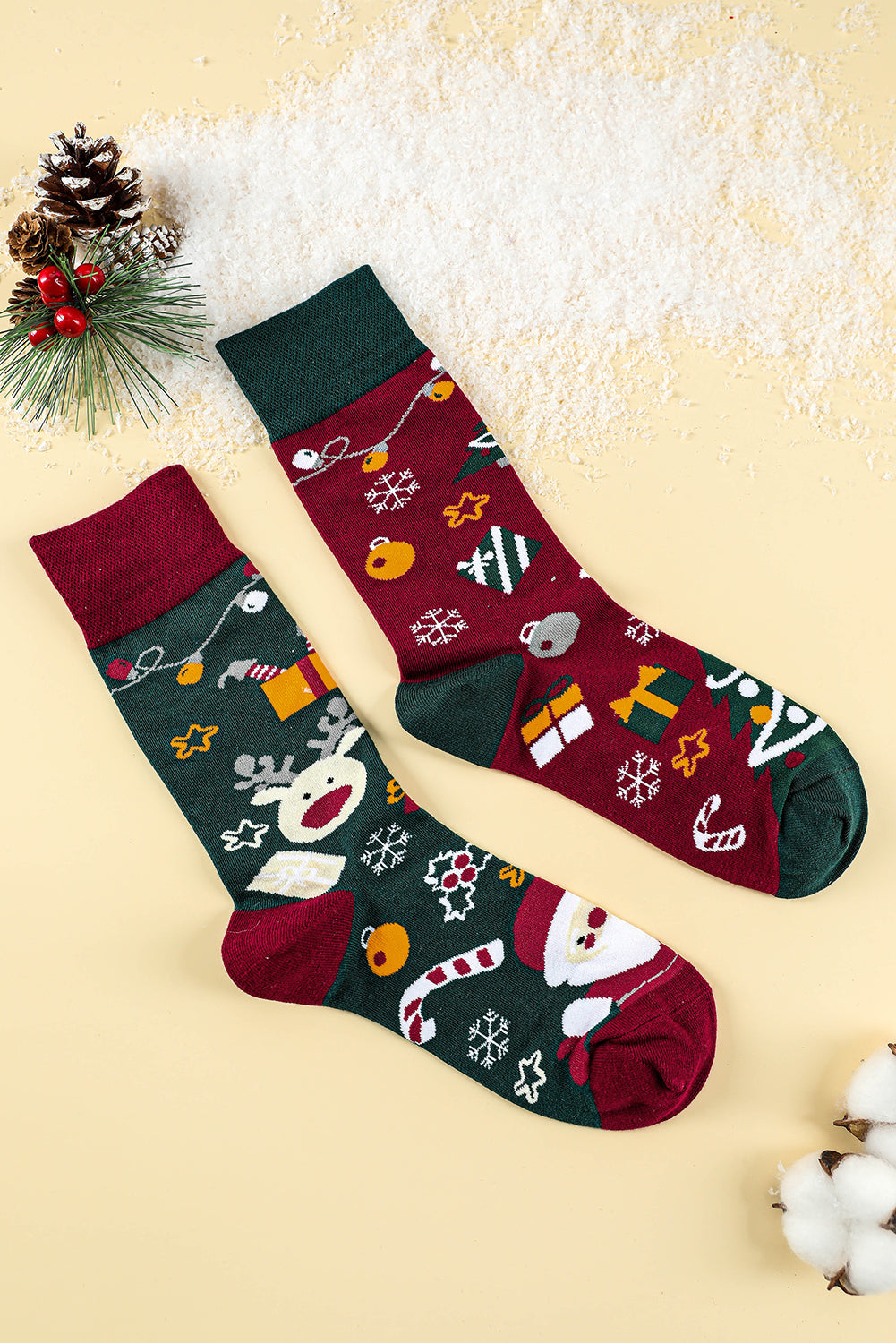 Racing Red Christmas Cartoon Pattern Color Block Tube Socks