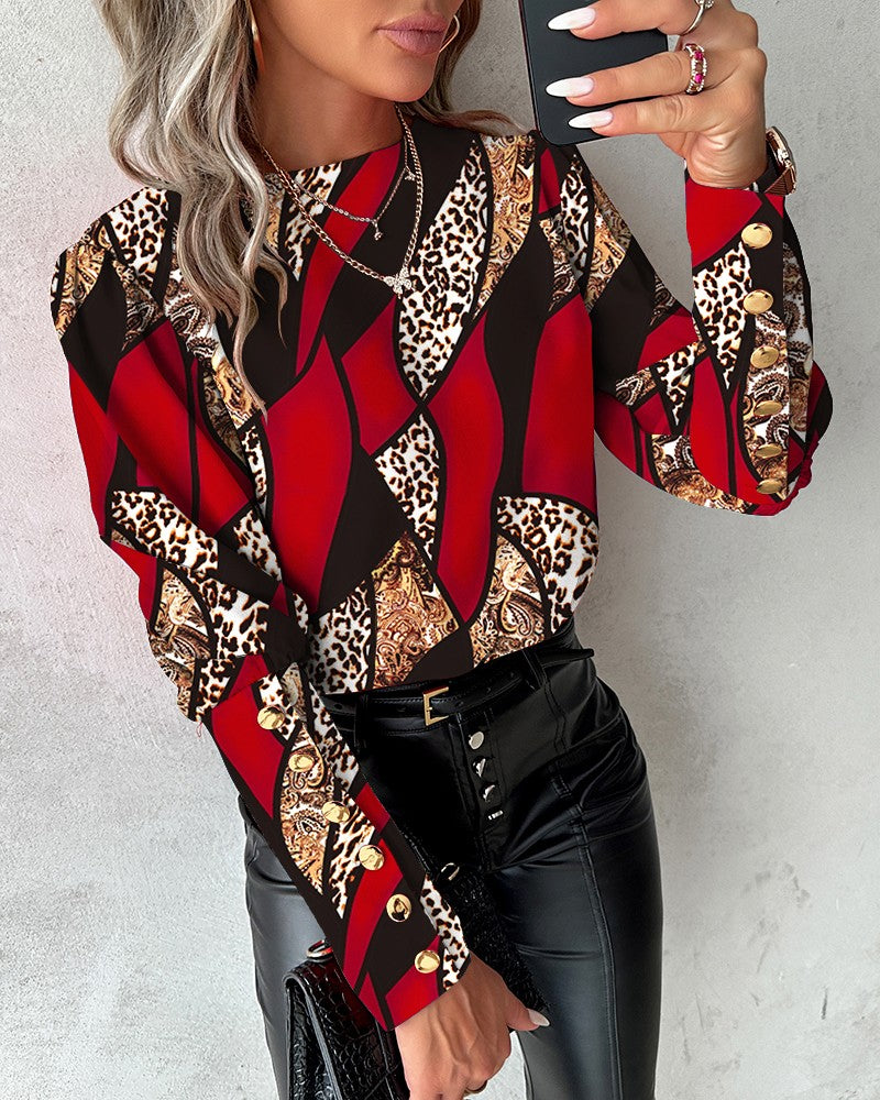 Baroque Leopard Print Gigot Sleeve Top