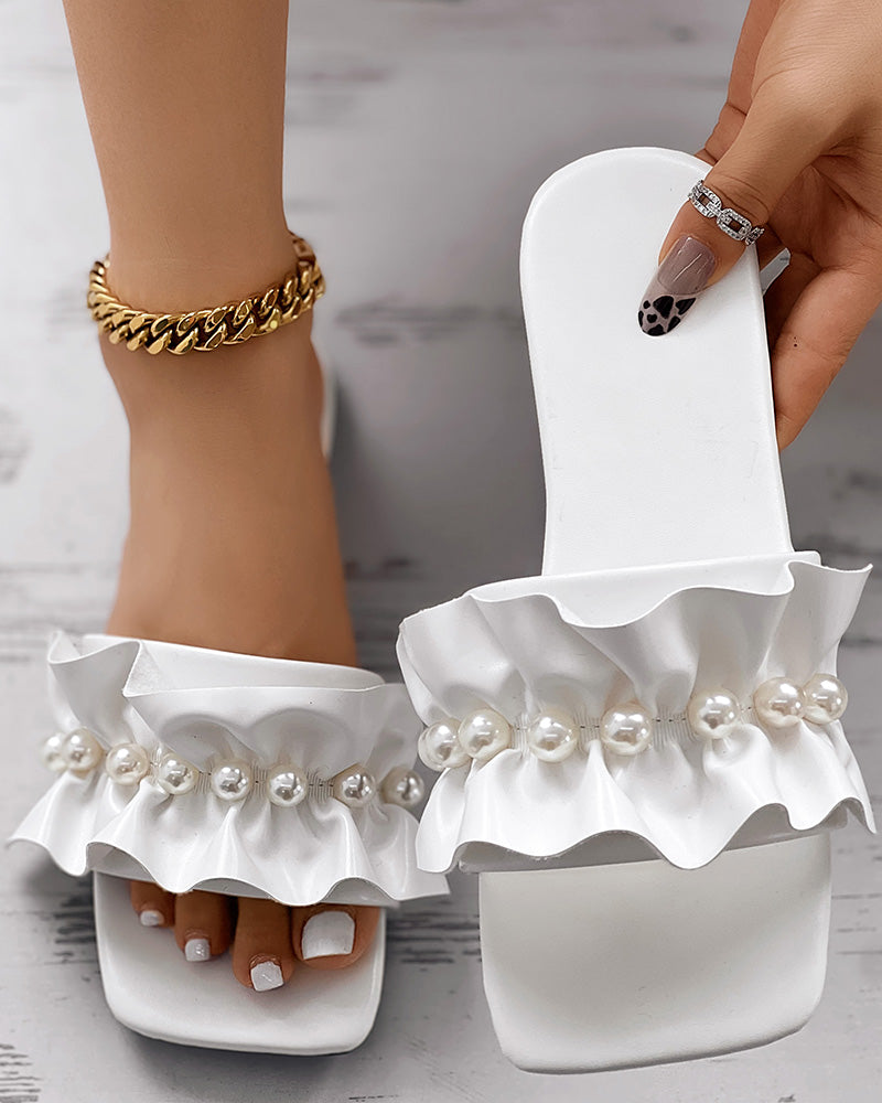 Pearls Decor Ruffles Beach Slippers Summer Sandals