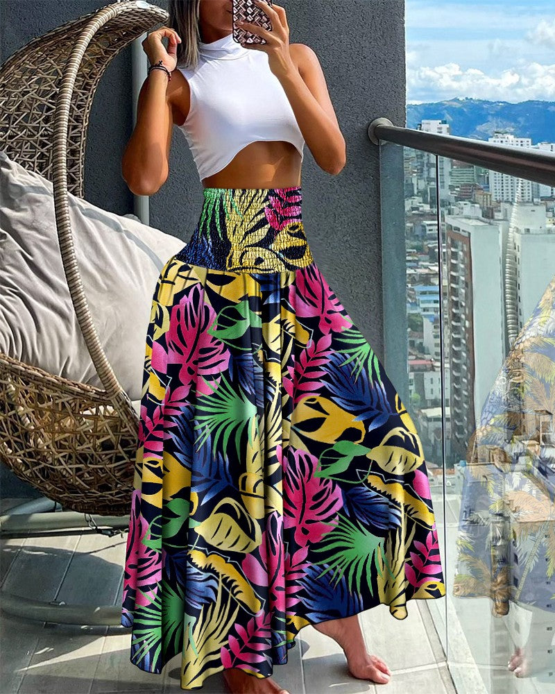 Tropical Leaf Print Shirred Wide Leg Pants