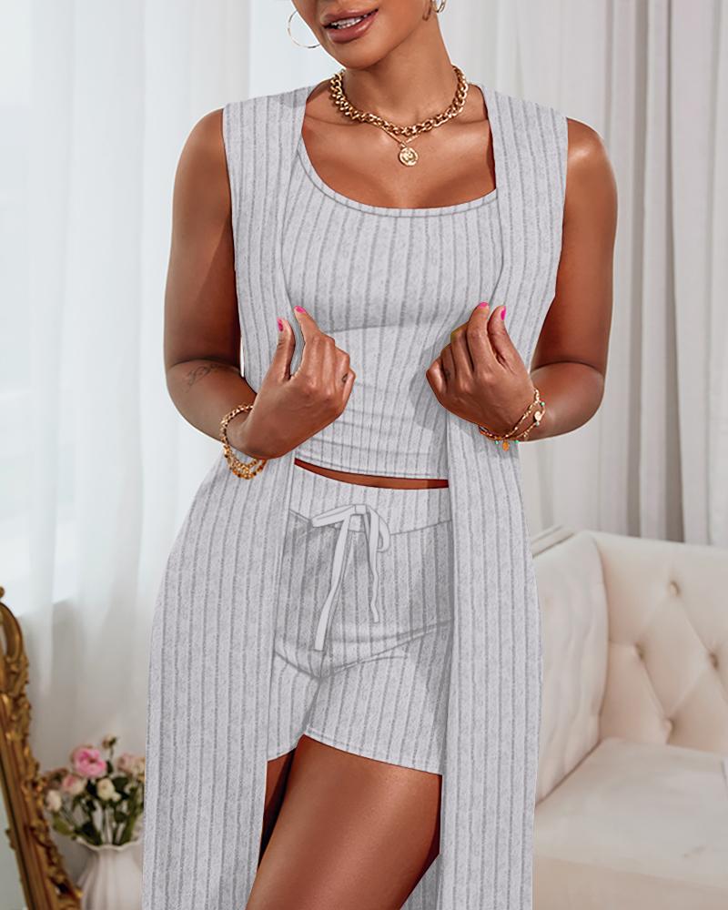 U Neck Ribbed Top & Drawstring Shorts Set With Open Front Coat