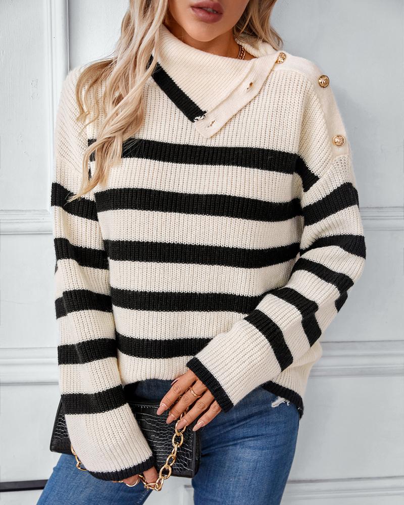 Striped Asymmetrical Neck Buttoned Knit Sweater