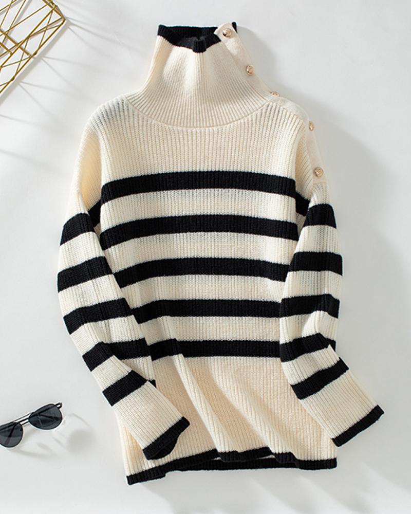 Striped Asymmetrical Neck Buttoned Knit Sweater