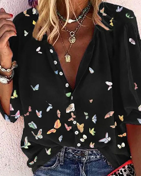 Butterfly Print Button Front Half Sleeve Shirt