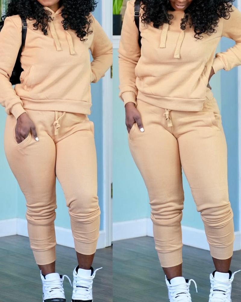 Drawstring Hooded Sweatshirt & Pocket Design Cuffed Sweatpants Set