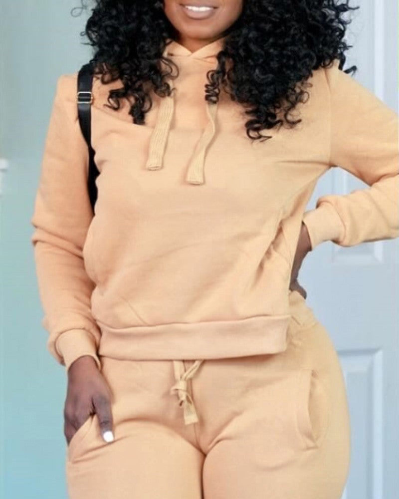 Drawstring Hooded Sweatshirt & Pocket Design Cuffed Sweatpants Set