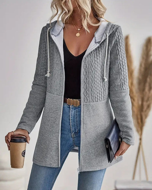 Cable Textured Zip Up Casual Hooded Coat