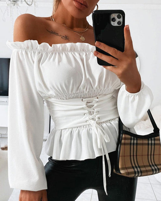 Off Shoulder Lace up Front Casual Blouse