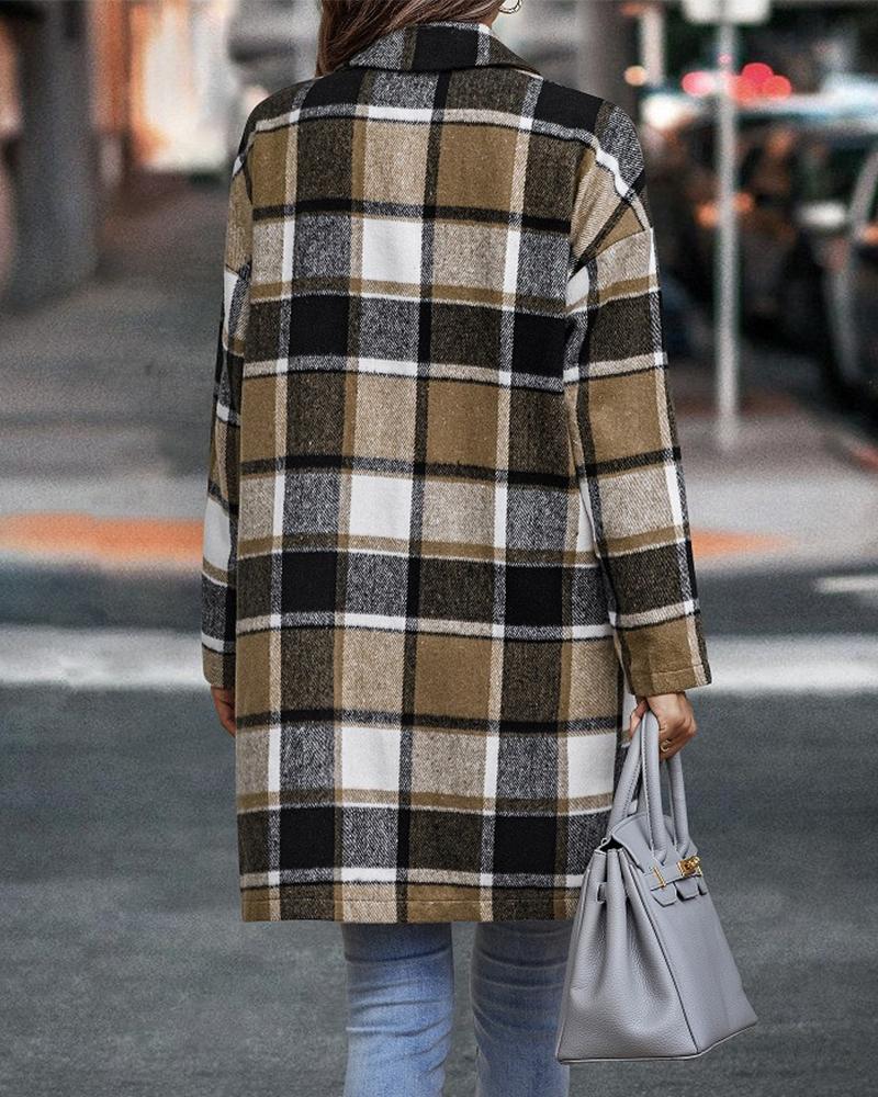 Plaid Print Pocket Detail Long Sleeve Coat