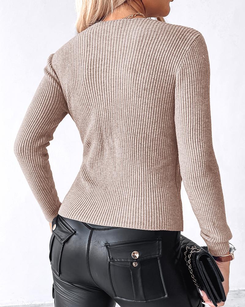 V Neck Ruched Side Button Decor Slim Fit Knit Sweater