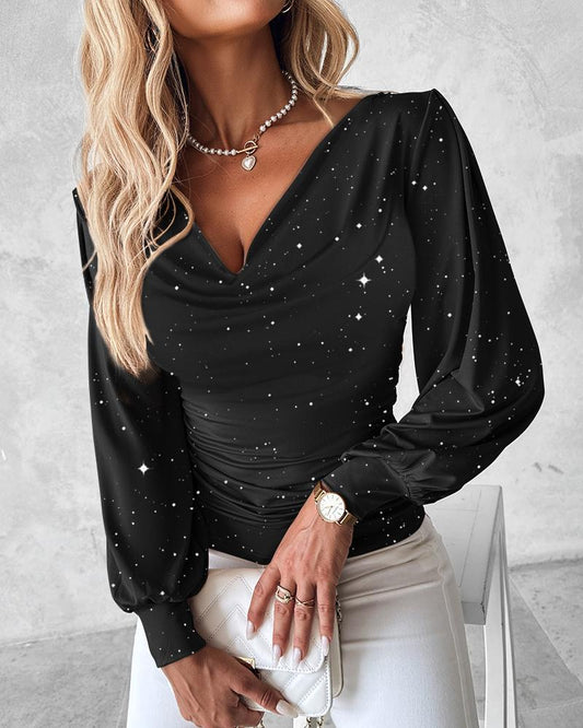 Glitter Cowl Neck Long Sleeve Blouse Ruched Waist Pullover Shirt