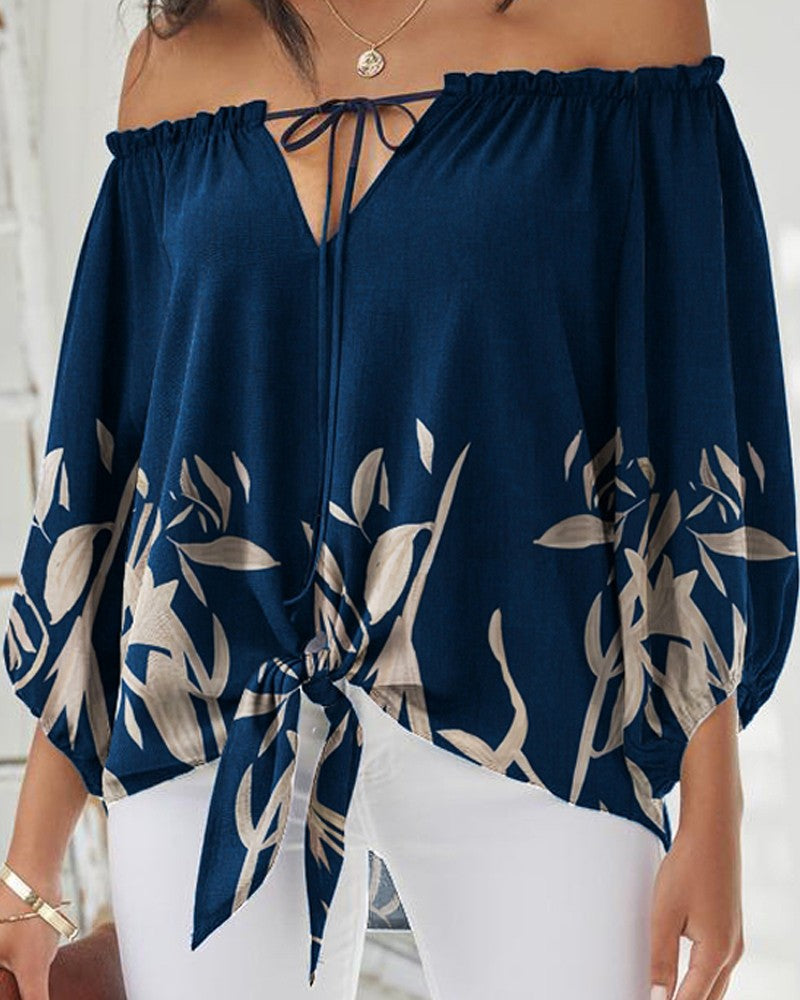 Plants Print Tied Detail Off Shoulder Top