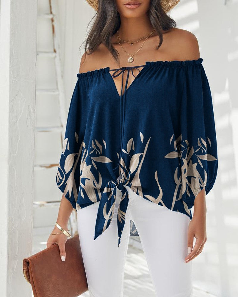 Plants Print Tied Detail Off Shoulder Top