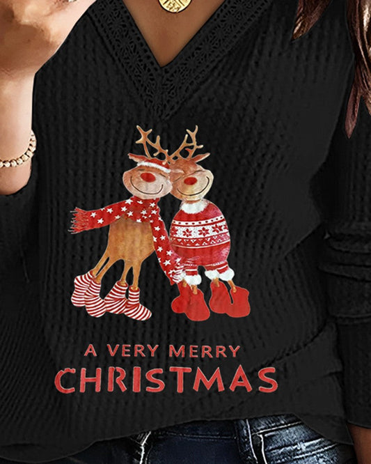 A Very Merry Christmas Cartoon Reindeer Print V Neck Long Sleeve Contrast Lace Top