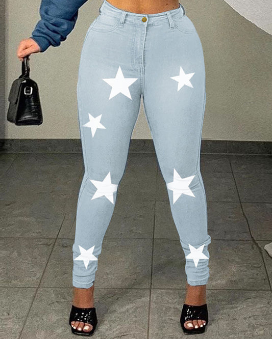 Single Button Design Star Print Colorblock Jeans