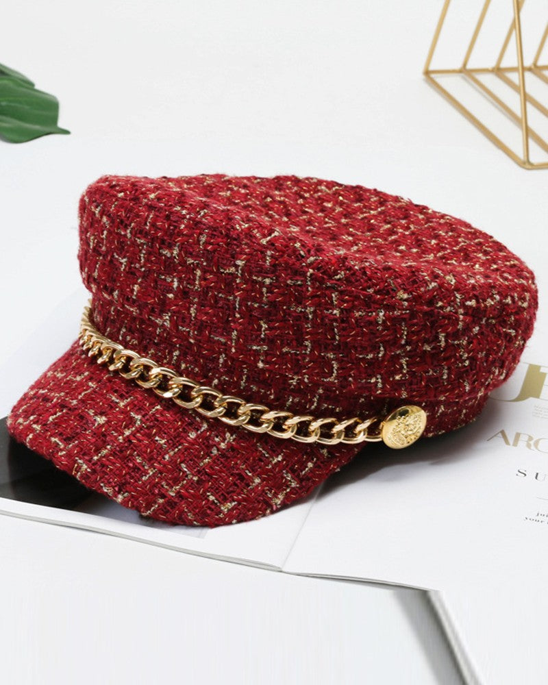 Trendy Tweed Chain Decor Peaked Cap