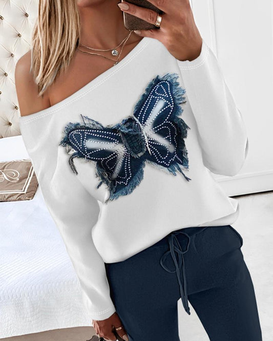 2 Piece Denim Butterfly Patch Skew Neck Long Sleeve Top Drawstring Waist Pants Tracksuit Streetwear