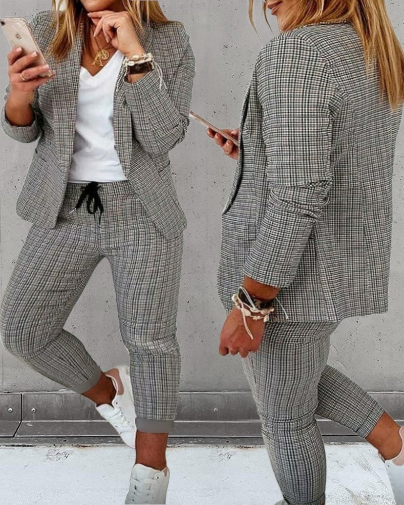 Plus Size Plaid Print Blazer Coat & Drawstring Pants Set