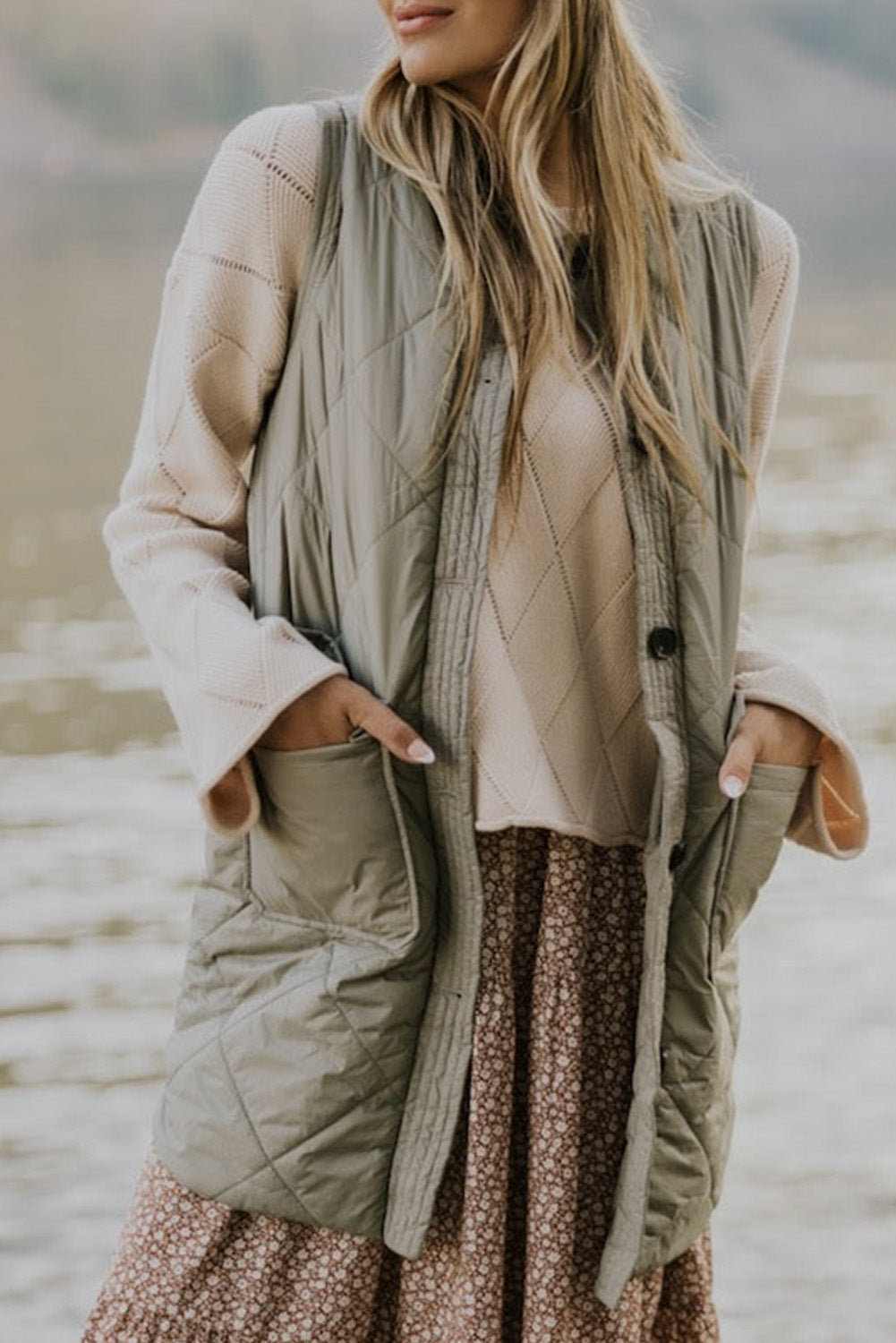 Beige Quilted Snap Button Hooded Coat