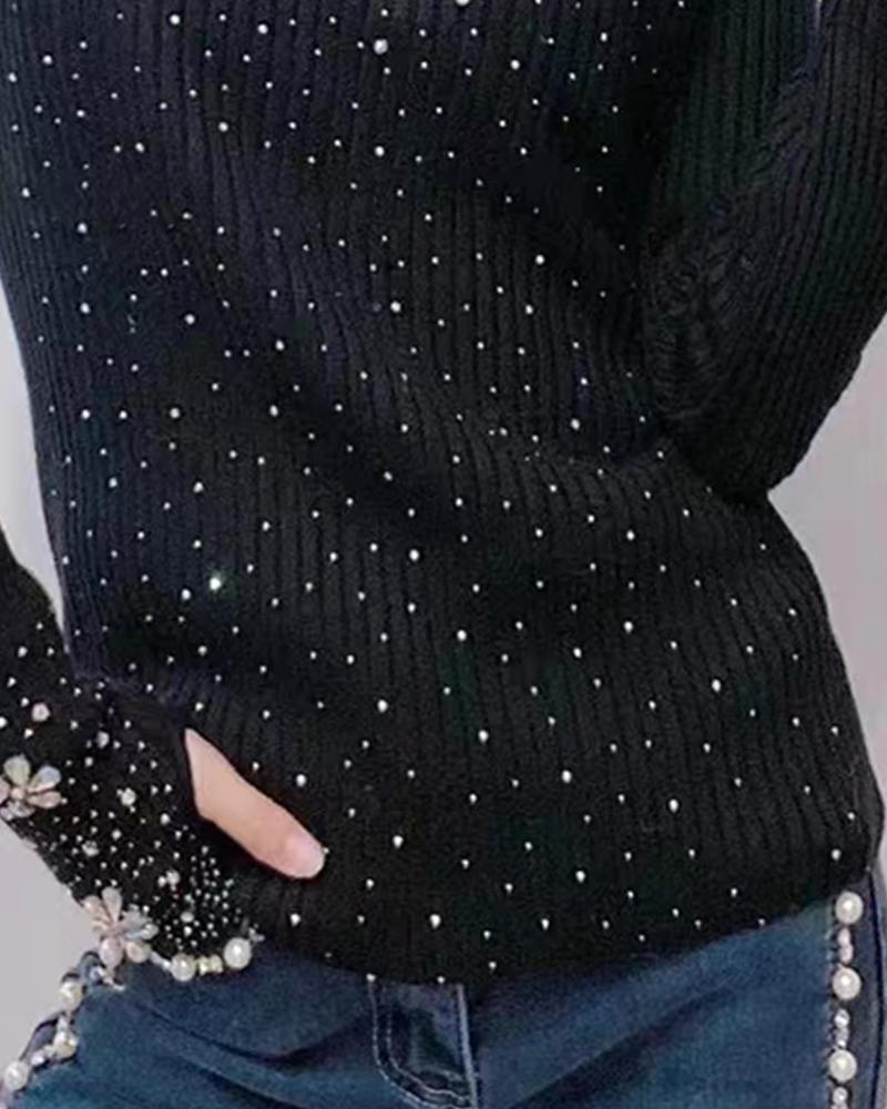 Rhinestone Floral Pattern High Neck Sweater