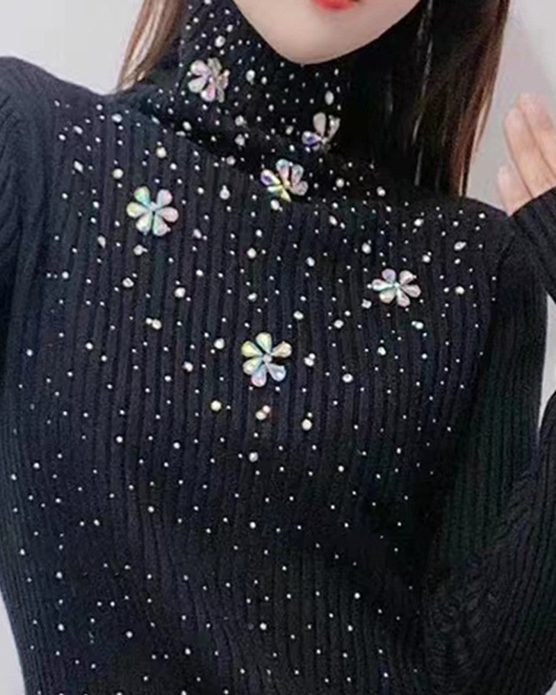 Rhinestone Floral Pattern High Neck Sweater