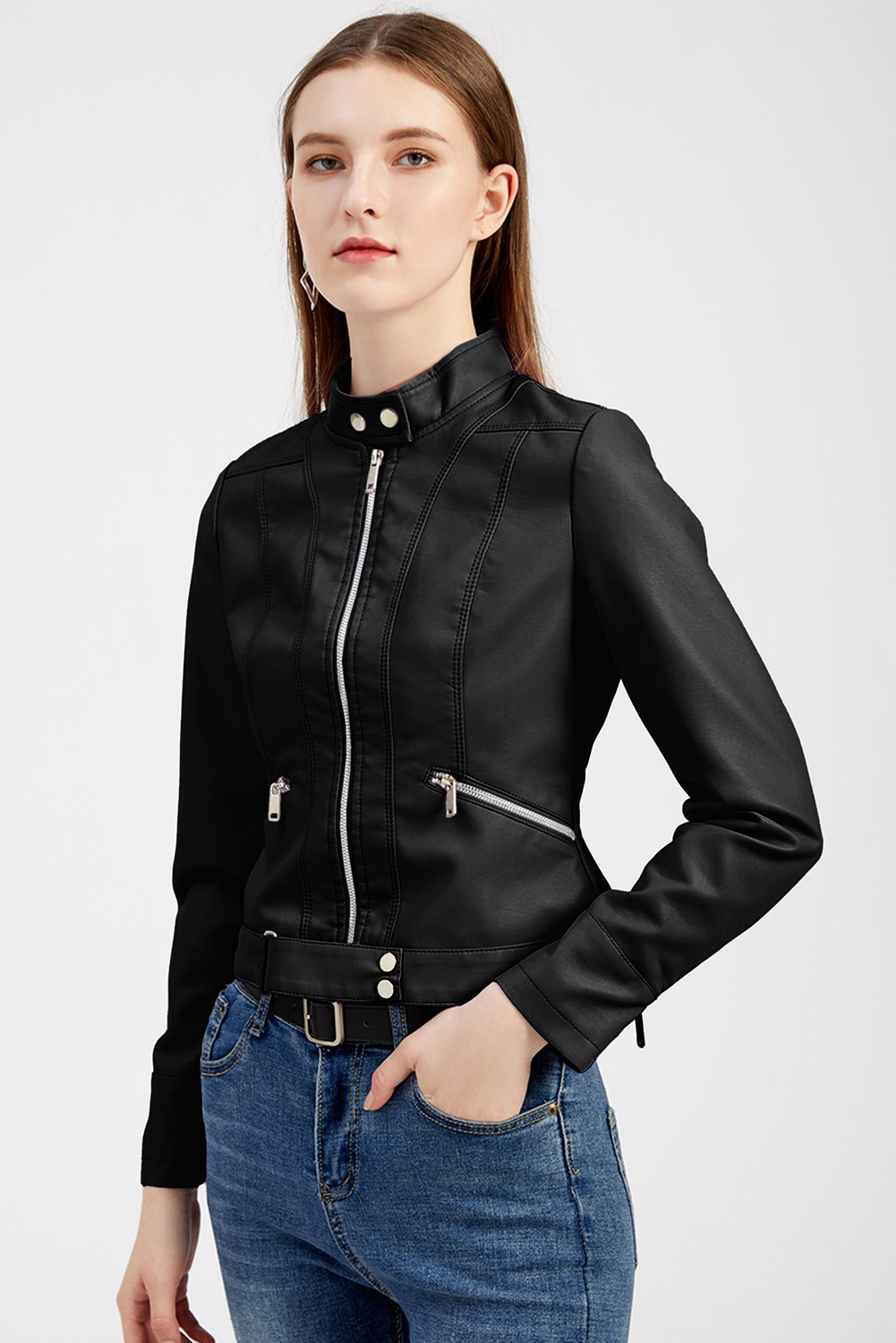 Black Faux Leather Snap Button Stand Neck Zipped Pocket Jacket