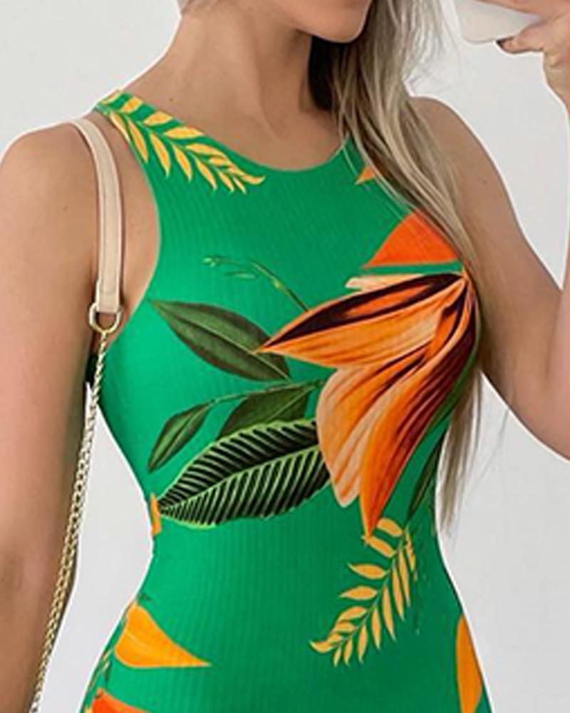 Tropical Leaves Print Sleeveless Bodycon Dress