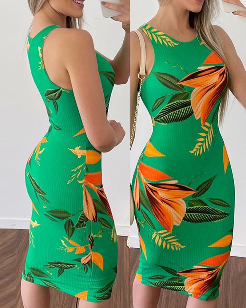 Tropical Leaves Print Sleeveless Bodycon Dress