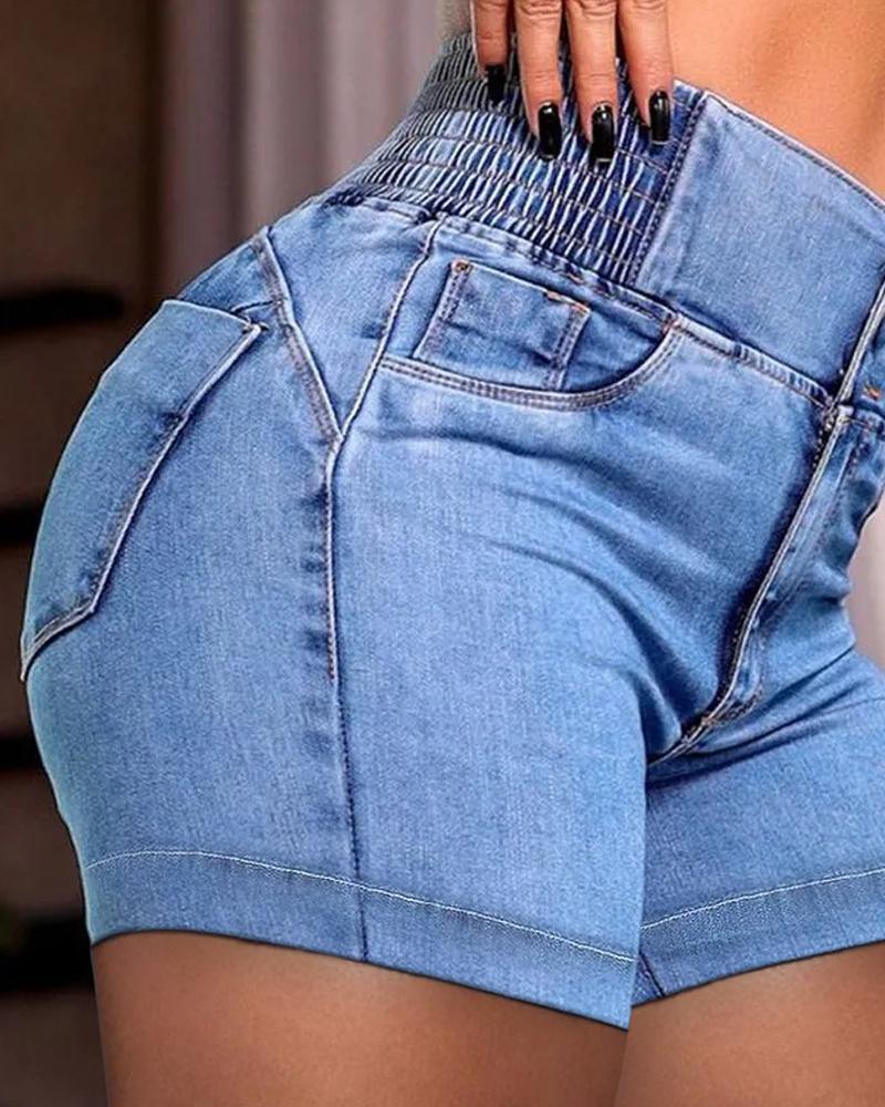 High Waist Buttoned Washed Denim Shorts