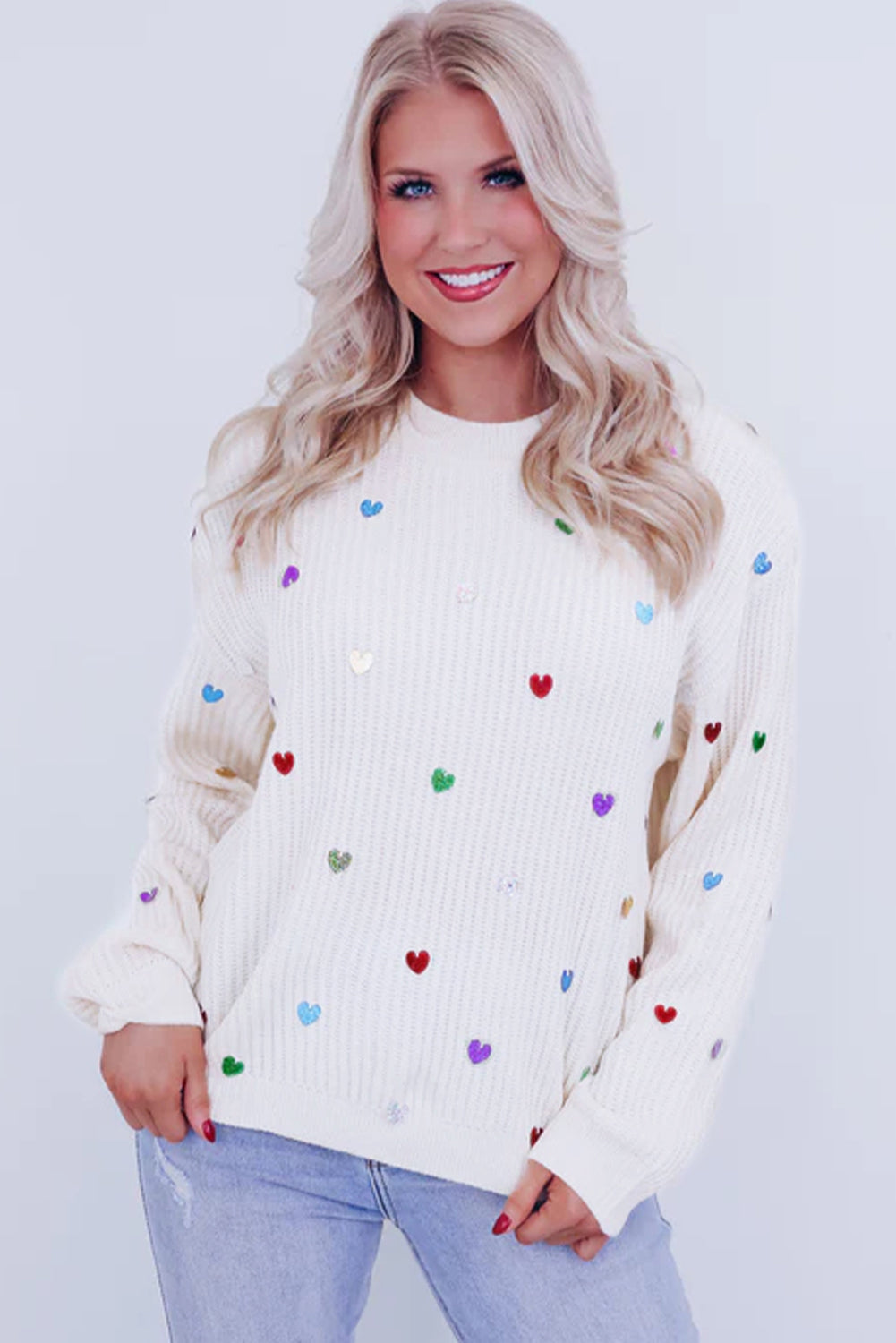 Beige Sequin Heart Shape Waffle Knit Round Neck Sweater