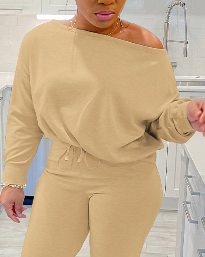 Plus Size Skew Neck Top & Drawstring Pants Set