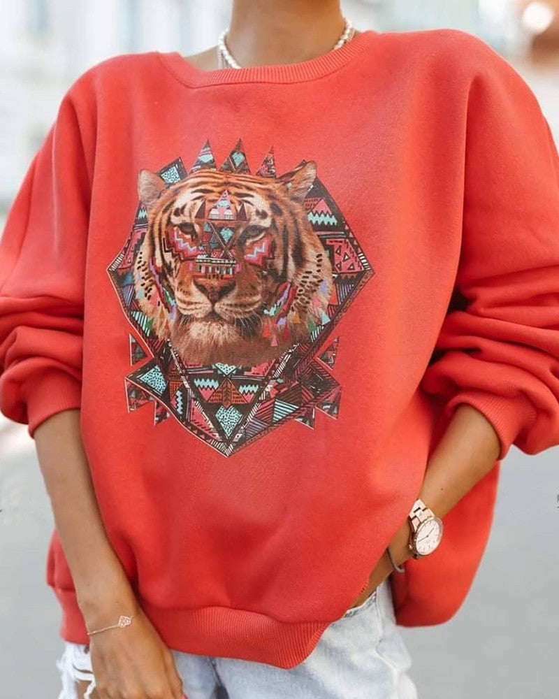 Animal Print Long Sleeve Drop Shoulder Sweatshirt