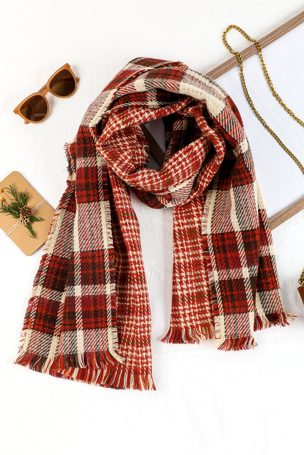 Red Clay Fringe Trim Reversible Plaid Houndstooth Pashmina Scarf