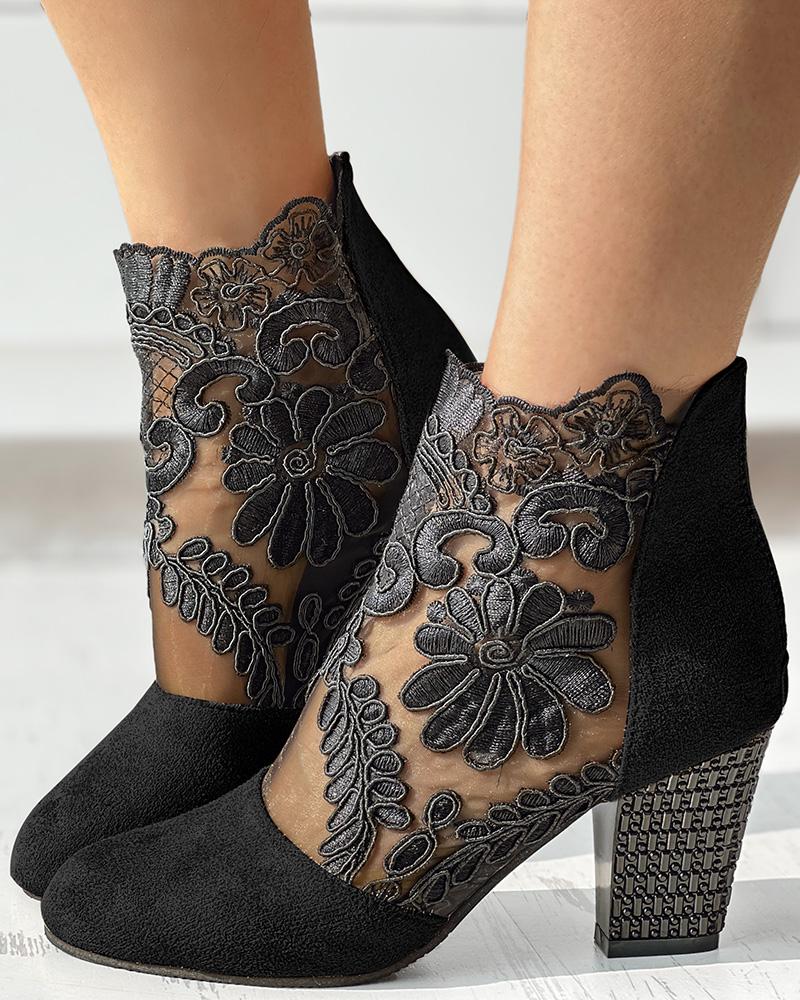 Lace Patch Floral Pattern Chunky Heel Ankle Boots