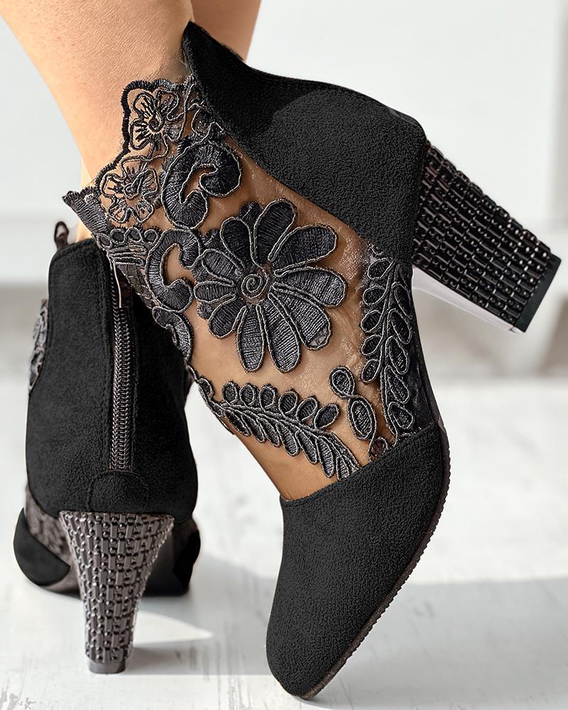 Lace Patch Floral Pattern Chunky Heel Ankle Boots