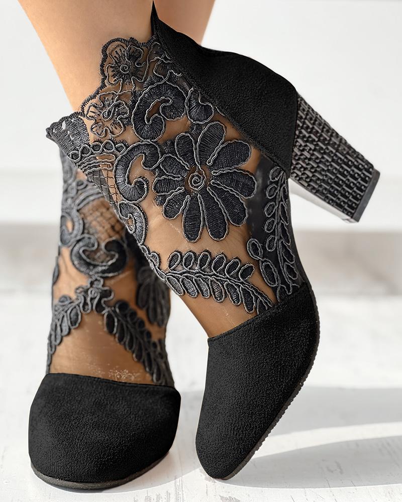 Lace Patch Floral Pattern Chunky Heel Ankle Boots