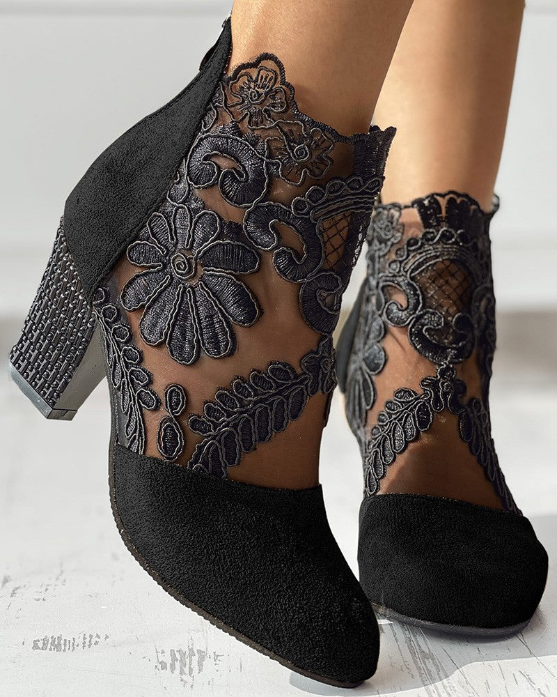 Lace Patch Floral Pattern Chunky Heel Ankle Boots