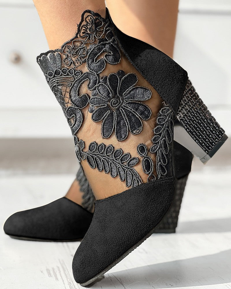 Lace Patch Floral Pattern Chunky Heel Ankle Boots