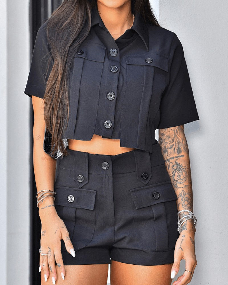 Pocket Design Buttoned Crop Top & Shorts Set