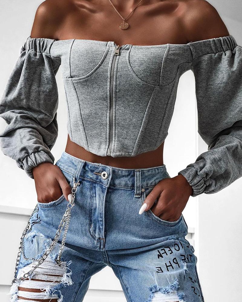 Off Shoulder Zipper Front Corset Crop Top