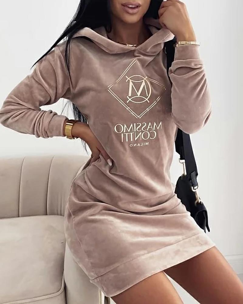 Letter Embroidery Velvet Hooded Sweatshirt Dress