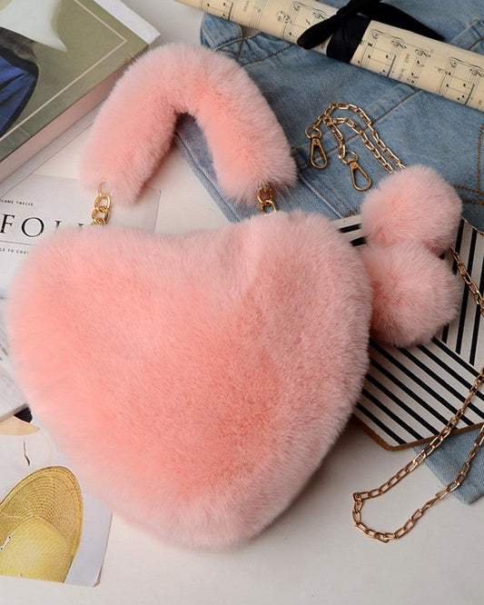 Fluffy Heart Shaped Pom Pom Chain Strap Handbag