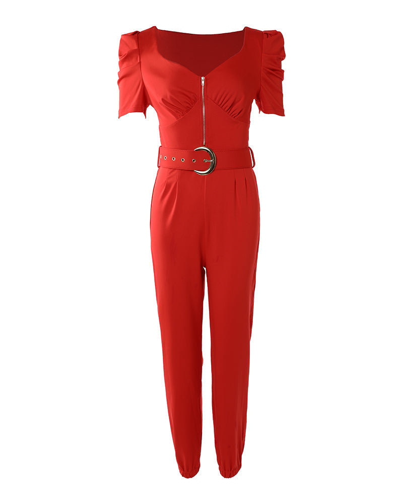 Zip Front Puff Sleeve Jumpsuit With Belt