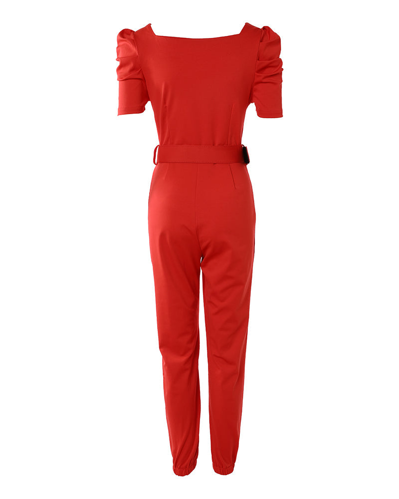 Zip Front Puff Sleeve Jumpsuit With Belt