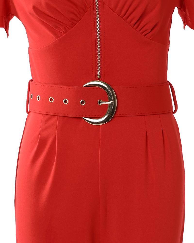 Zip Front Puff Sleeve Jumpsuit With Belt