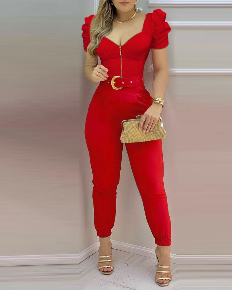 Zip Front Puff Sleeve Jumpsuit With Belt