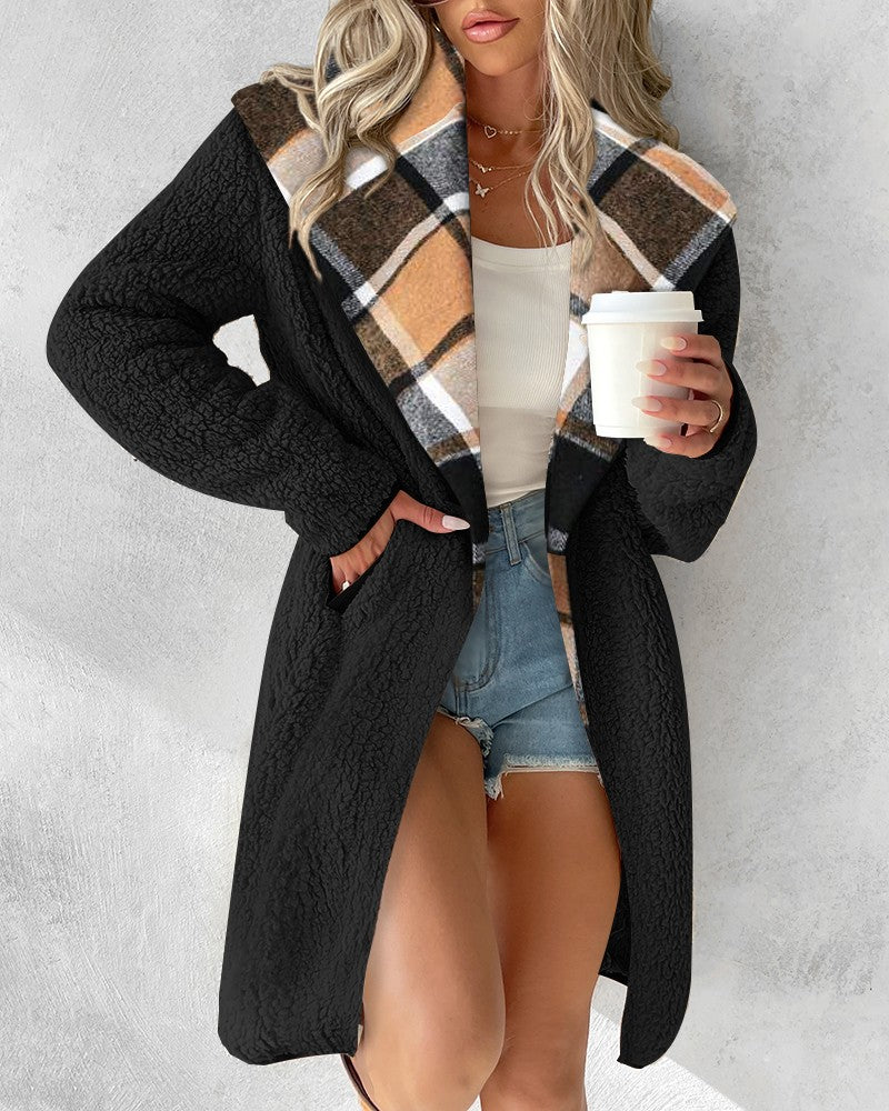 Colorblock Plaid Pattern Longline Teddy Coat